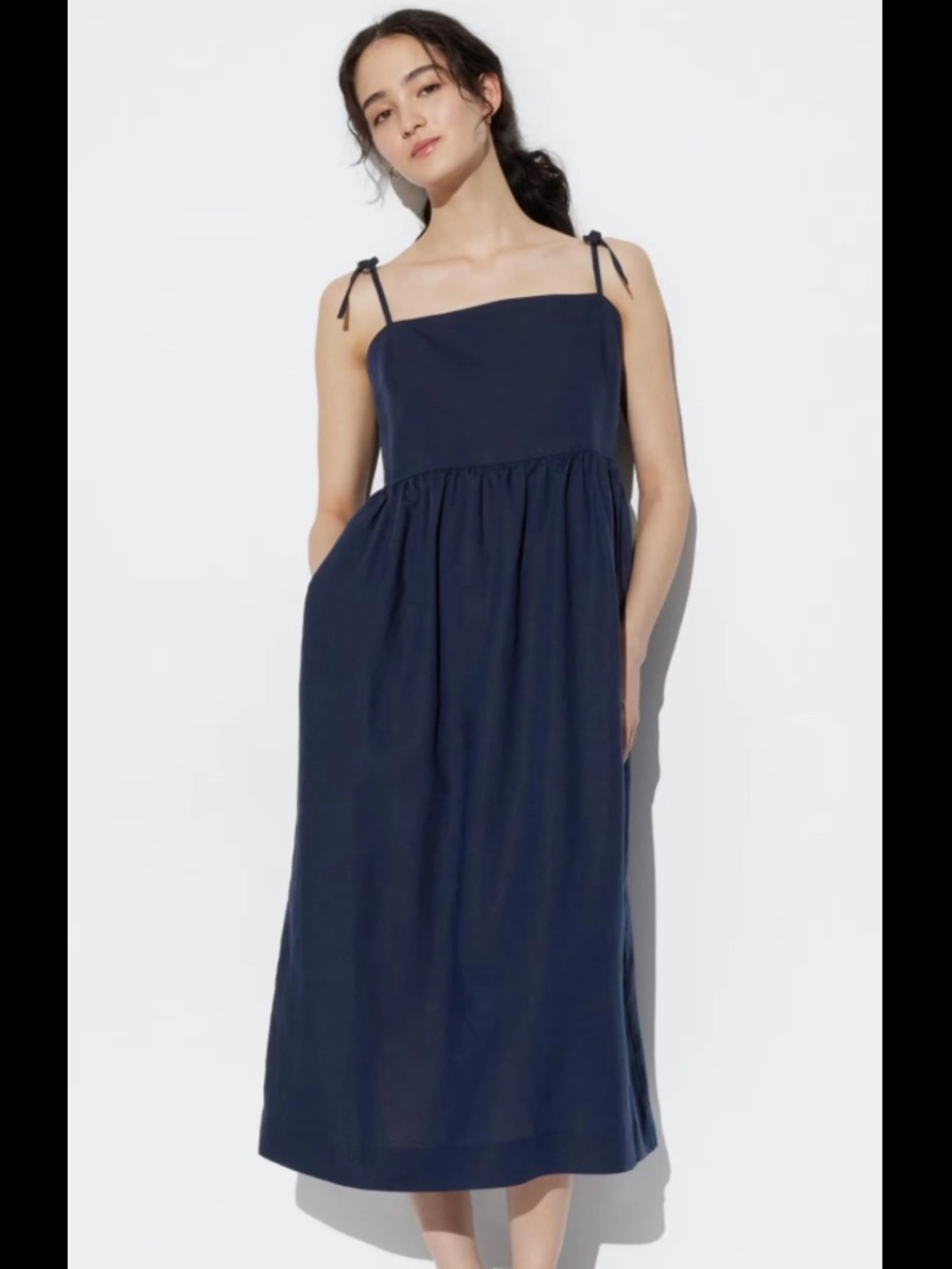 Uniqlo Navy Linen-Blend Tie-Strap Midi Dress